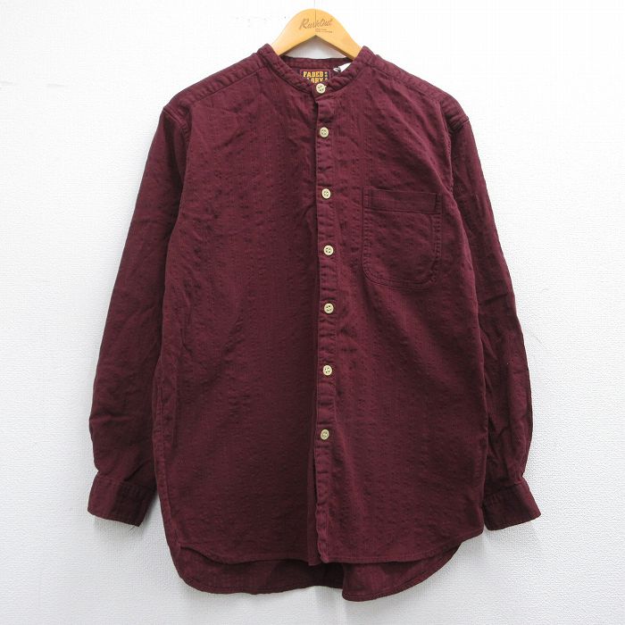 L★古着 FADED GLORY 長袖 シャツ メンズ 00年代 00s ノーカラー エンジ ストライプ 【spe】 25mar04 中古 トップス