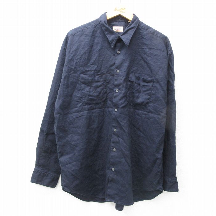 XL★古着 長袖 シャツ メンズ 大きいサイズ リネン 濃紺 ネイビー 25mar05 中古 トップス
