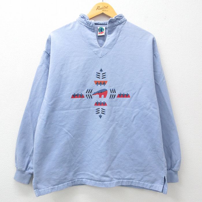 L★古着 WEK 長袖 トップス メンズ 90年代 90s ネイティブ柄 ラグ柄 コットン USA製 薄紺 ネイビー 【spe】 25mar05 中古