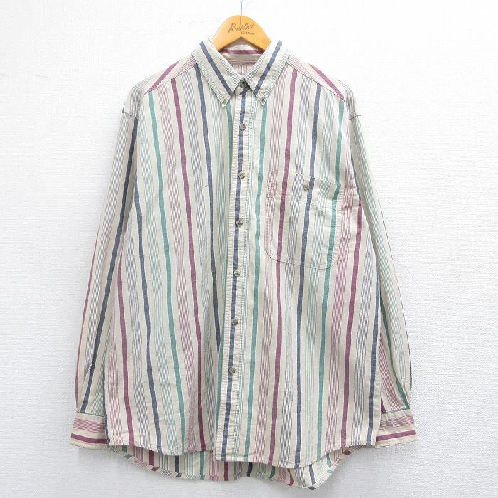 L★古着 ラングラー Wrangler 長袖 シャツ メンズ 00年代 00s ボタンダウン 薄ベージュ他 カーキ ストライプ 25mar05 中古 トップス