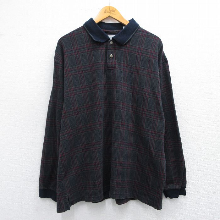 XL★古着 長袖 ポロ シャツ メンズ 黒他 ブラック チェック 25mar05 中古 トップス