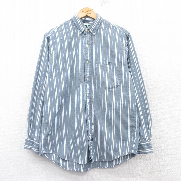 L★古着 長袖 シャツ メンズ 90年代 90s コットン ボタンダウン 薄紺他 ネイビー ストライプ 25mar06 中古 トップス
