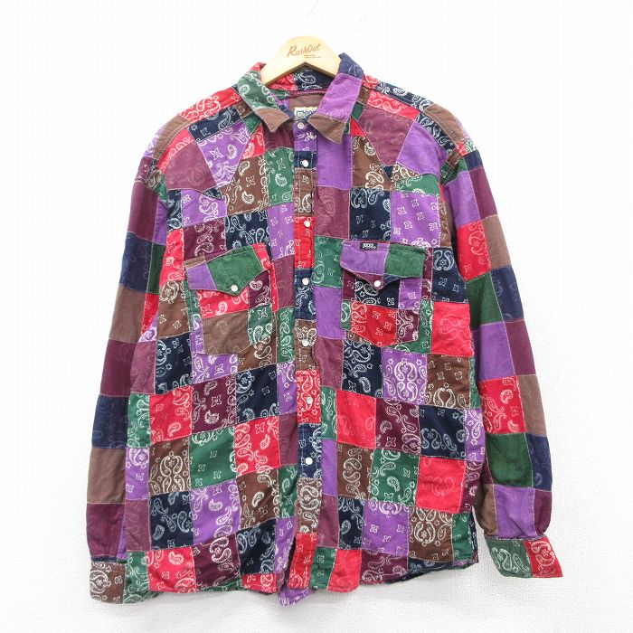 【50%OFF】L★古着 長袖 ウエスタン シャツ メンズ 90年代 90s ペイズリー柄 パッチワーク コットン 紫他 パープル チェック 【spe】 25mar06 中古 トップス