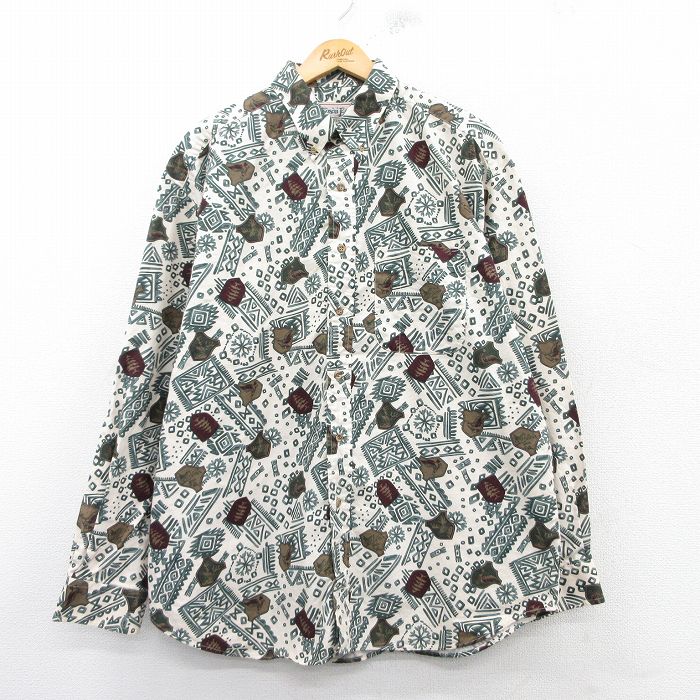 XL★古着 長袖 シャツ メンズ 鳥 ネイティブ柄 ラグ柄 大きいサイズ ロング丈 コットン ボタンダウン 生成り他 25mar06 中古 トップス