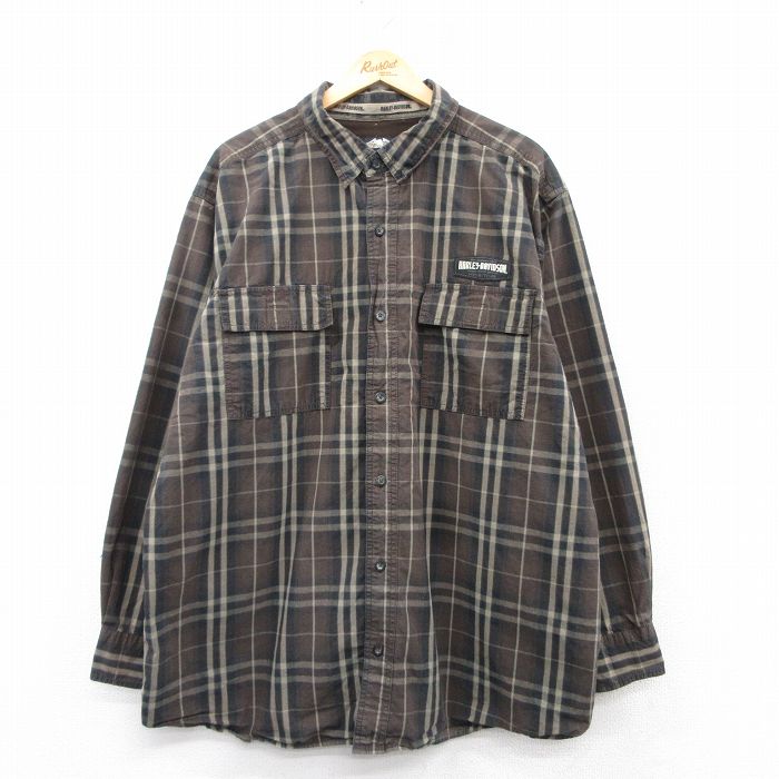 XL★古着 ハーレーダビッドソン Harley Davidson 長袖 シャツ メンズ 大きいサイズ ロング丈 コットン 茶他 ブラウン チェック 25mar06 中古 トップス