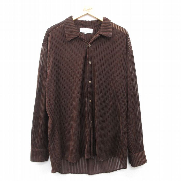 L★古着 長袖 シャツ メンズ ロング丈 茶 ブラウン 25mar06 中古 トップス