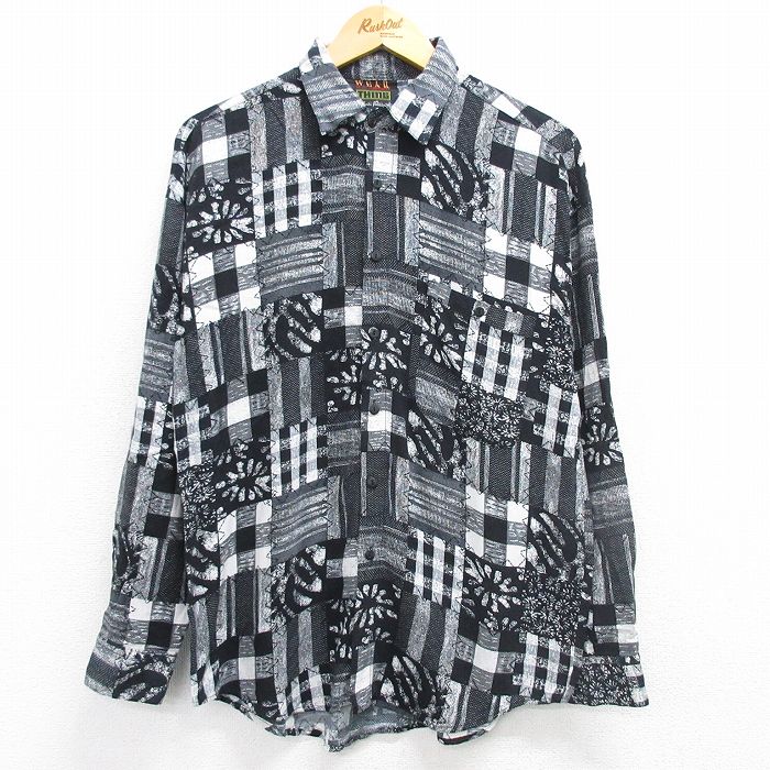 L★古着 長袖 シャツ メンズ レーヨン 黒他 ブラック 25mar08 中古 トップス