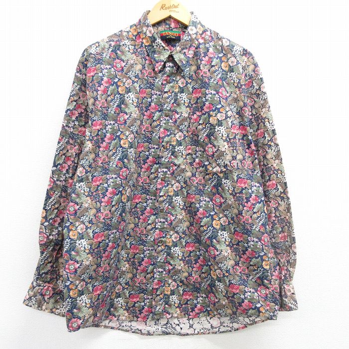 XL★古着 長袖 シャツ メンズ 90年代 90s 花柄 大きいサイズ コットン USA製 紺他 ネイビー 25mar08 中古 トップス