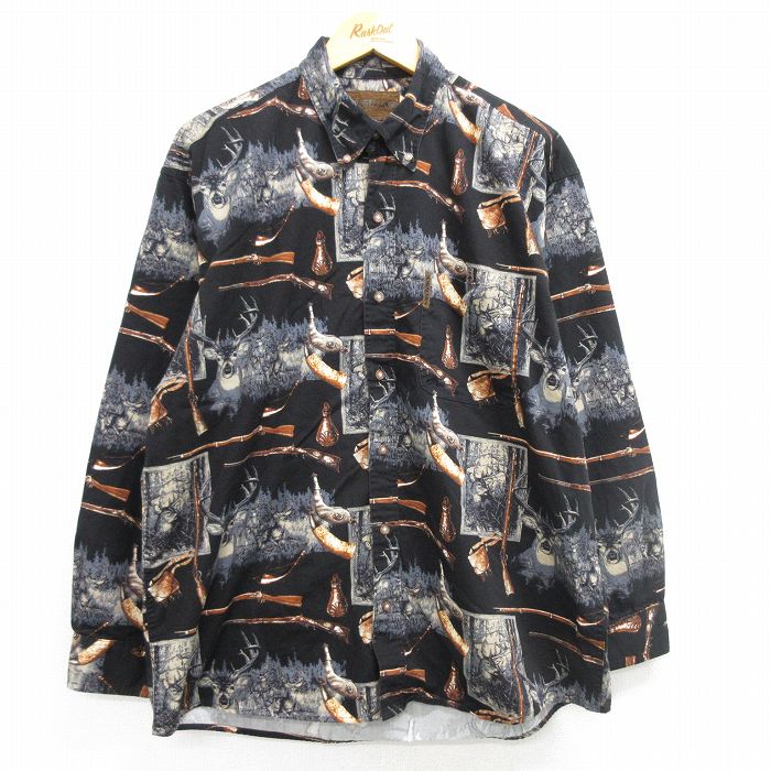 XL★古着 長袖 シャツ メンズ シカ 銃 コットン ボタンダウン 黒他 ブラック 25mar08 中古 トップス
