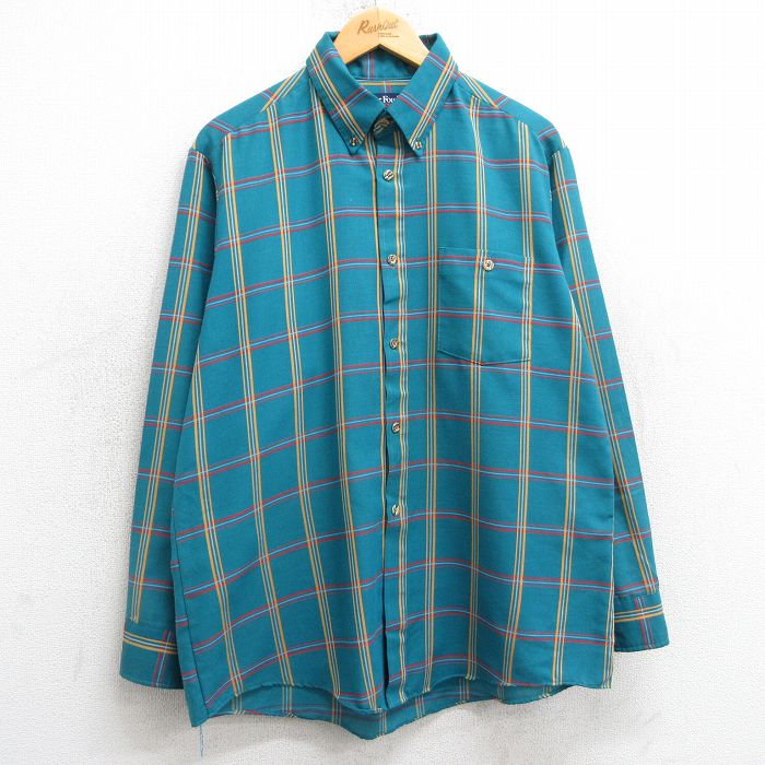 L★古着 長袖 シャツ メンズ 90年代 90s ボタンダウン USA製 青緑他 チェック 25mar10 中古 トップス
