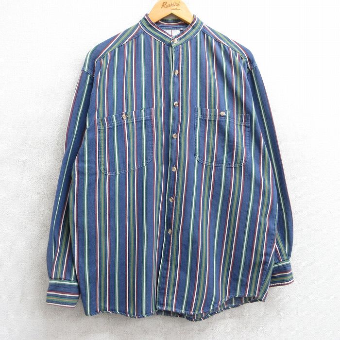 L★古着 長袖 シャツ メンズ 90年代 90s ノーカラー 紺他 ネイビー ストライプ 25mar10 中古 トップス