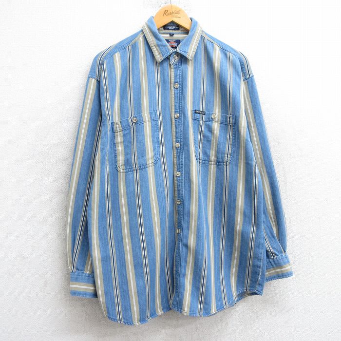 XL★古着 ディッキーズ Dickies 長袖 シャツ メンズ コットン ボタンダウン 薄紺他 ネイビー ストライプ 25mar10 中古 トップス
