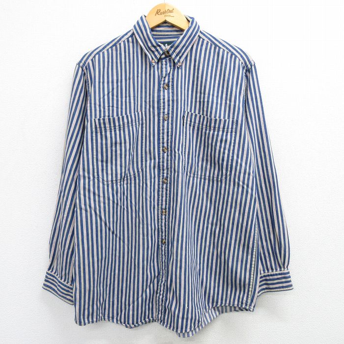 XL★古着 長袖 シャツ メンズ 90年代 90s コットン ボタンダウン 紺他 ネイビー ストライプ 25mar11 中古 トップス
