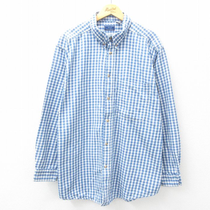 【50%OFF】XL★古着 長袖 シャツ メンズ 大きいサイズ ロング丈 コットン ボタンダウン 紺他 ネイビー チェック 25mar12 中古 トップス