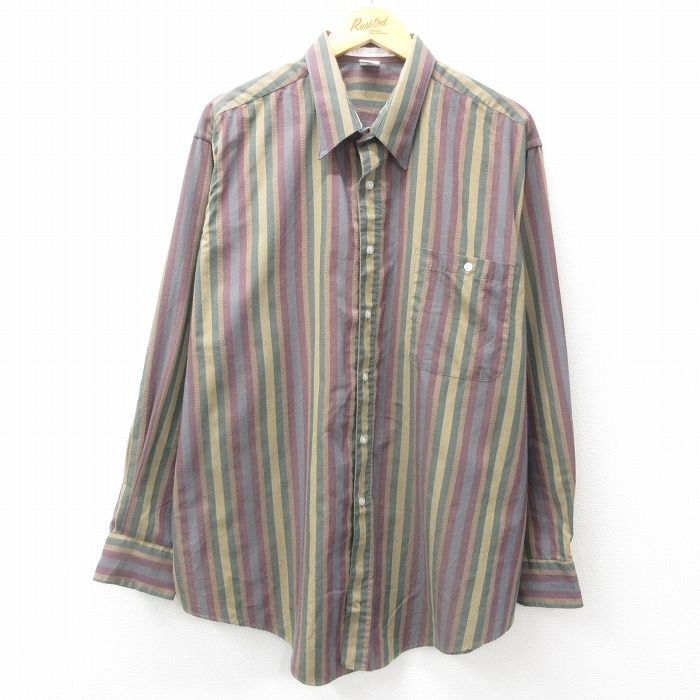 XL★古着 バンヒューセン 長袖 シャツ メンズ 00年代 00s 大きいサイズ ロング丈 緑他 グリーン ストライプ 25mar12 中古 トップス