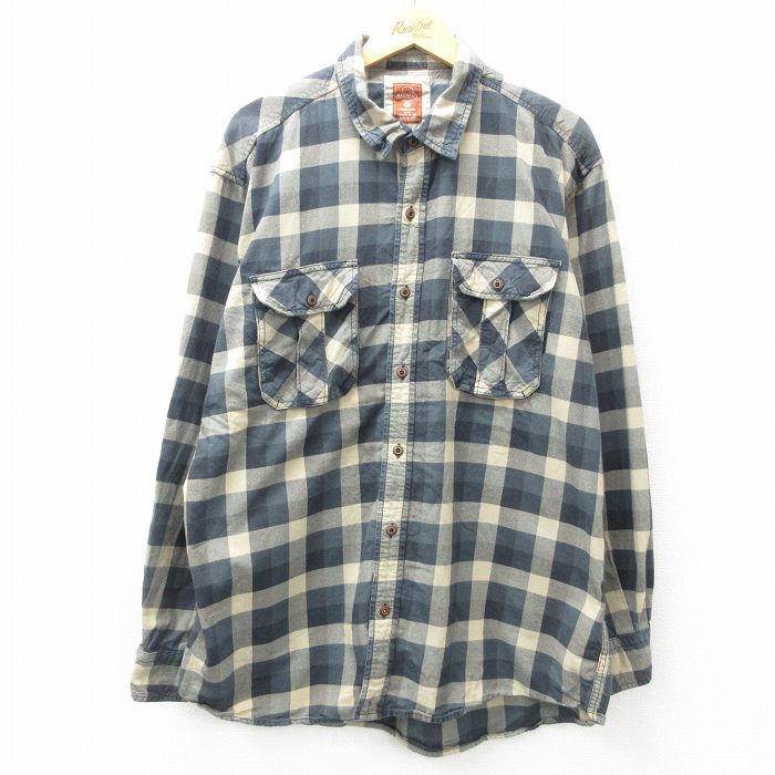 XL★古着 レッドヘッド 長袖 シャツ メンズ 大きいサイズ ロング丈 コットン 紺他 ネイビー チェック 25mar12 中古 トップス