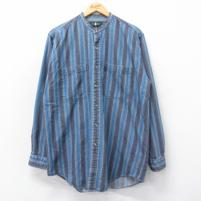 XL★古着 長袖 シャツ メンズ 90年代 90s ロング丈 コットン ノーカラー 薄紺他 ネイビー ストライプ 【spe】 25mar12 中古 トップス