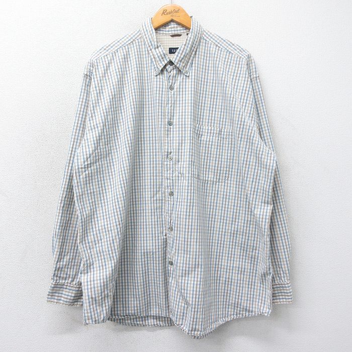 XL★古着 IZOD 長袖 シャツ メンズ 大きいサイズ ロング丈 コットン ボタンダウン 白他 ホワイト チェック 25mar12 中古 トップス