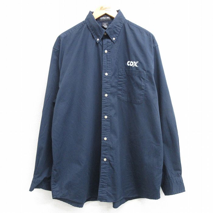 XL★古着 長袖 シャツ メンズ COX ロング丈 ボタンダウン 濃紺 ネイビー 25mar13 中古 トップス