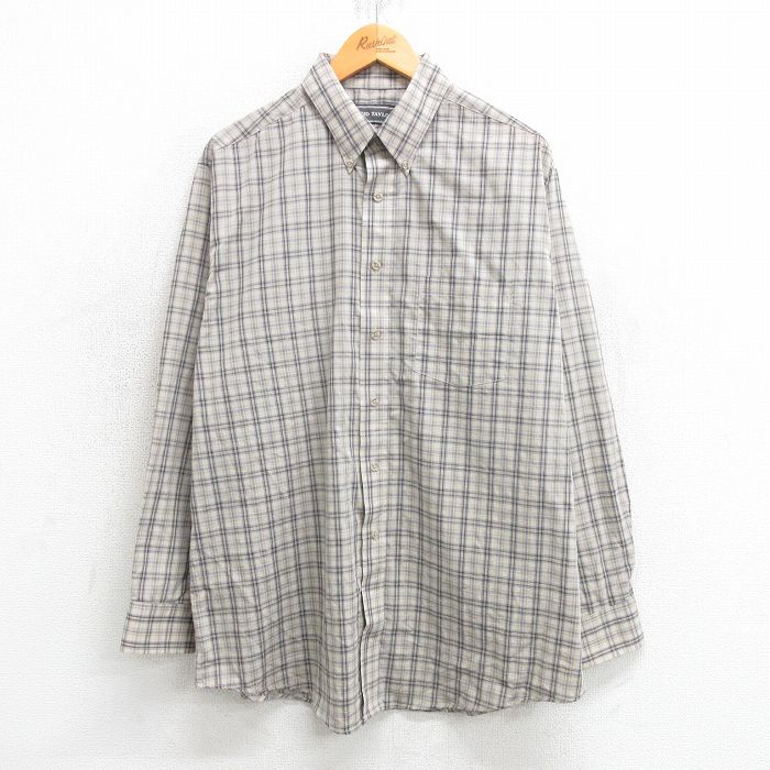 XL★古着 長袖 シャツ メンズ 90年代 90s コットン ボタンダウン 薄ベージュ他 カーキ チェック 25mar13 中古 トップス
