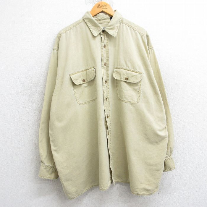 XL★古着 長袖 シャツ メンズ 大きいサイズ ロング丈 コットン 薄黄 イエロー 25mar15 中古 トップス