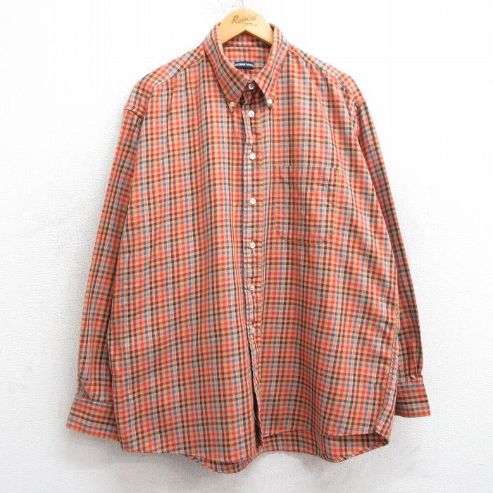 XL★古着 長袖 シャツ メンズ 90年代 90s 大きいサイズ コットン USA製 オレンジ他 チェック 25mar15 中古 トップス