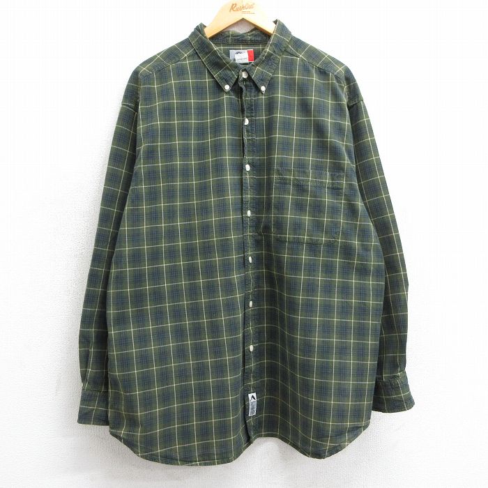 XL★古着 アリゾナジーンズ 長袖 シャツ メンズ 00年代 00s 大きいサイズ ロング丈 コットン ボタンダウン 緑他 グリーン チェック 25mar15 中古 トップス