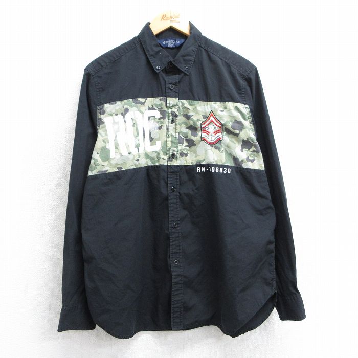 L★古着 長袖 シャツ メンズ ROC ボタンダウン 黒他 ブラック 25mar15 中古 トップス