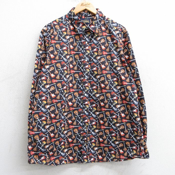 XL★古着 長袖 シャツ メンズ ギター 総柄 コットン 黒他 ブラック 25mar15 中古 トップス