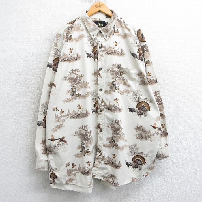 XL★古着 レッドヘッド 長袖 シャツ メンズ 00年代 00s 鳥 総柄 大きいサイズ ロング丈 コットン ボタンダウン 生成り他 25mar15 中古 トップス