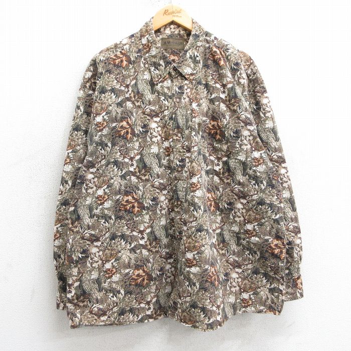 XL★古着 長袖 シャツ メンズ シカ 総柄 大きいサイズ コットン ボタンダウン 茶他 ブラウン 25mar15 中古 トップス