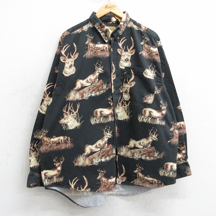 XL★古着 長袖 シャツ メンズ シカ 総柄 大きいサイズ コットン ボタンダウン 黒他 ブラック 25mar15 中古 トップス