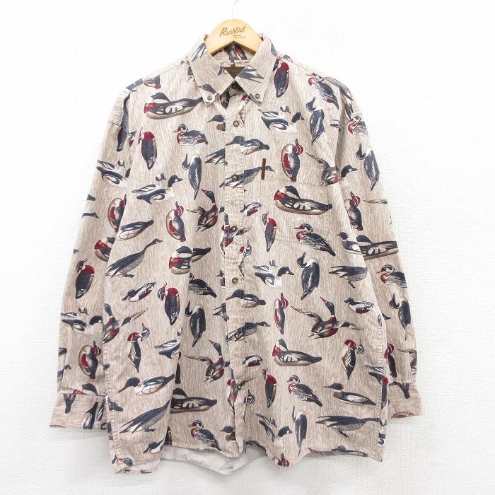 【20%OFF】XL★古着 長袖 シャツ メンズ 鳥 大きいサイズ コットン ボタンダウン ベージュ他 カーキ 25mar17 中古 トップス