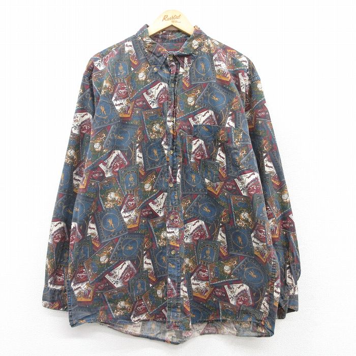 XL★古着 長袖 シャツ メンズ 00年代 00s 大きいサイズ コットン ボタンダウン 濃緑他 グリーン 25mar17 中古 トップス