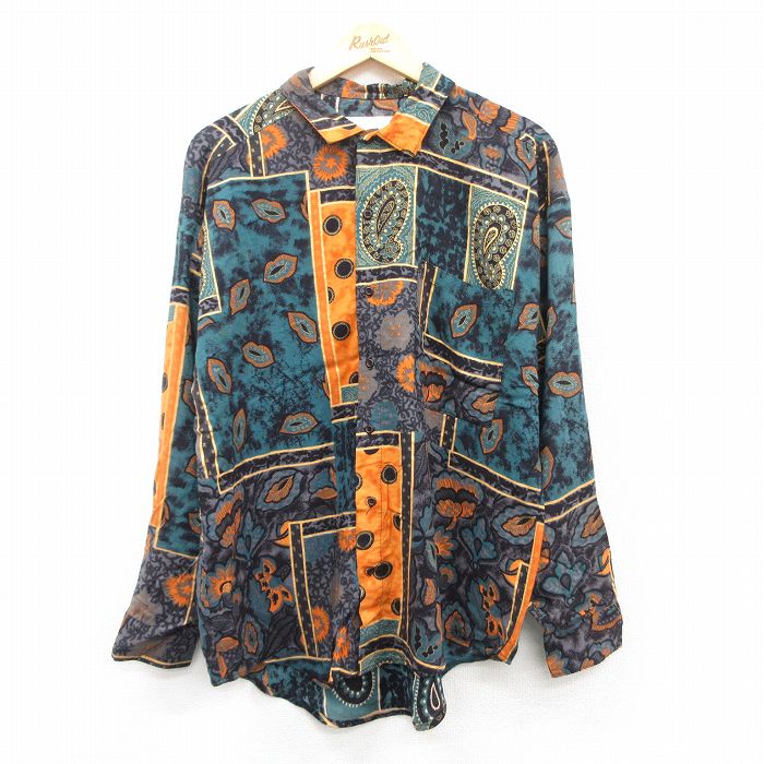 L★古着 長袖 シャツ メンズ 90年代 90s レーヨン USA製 濃緑他 グリーン 25mar17 中古 トップス