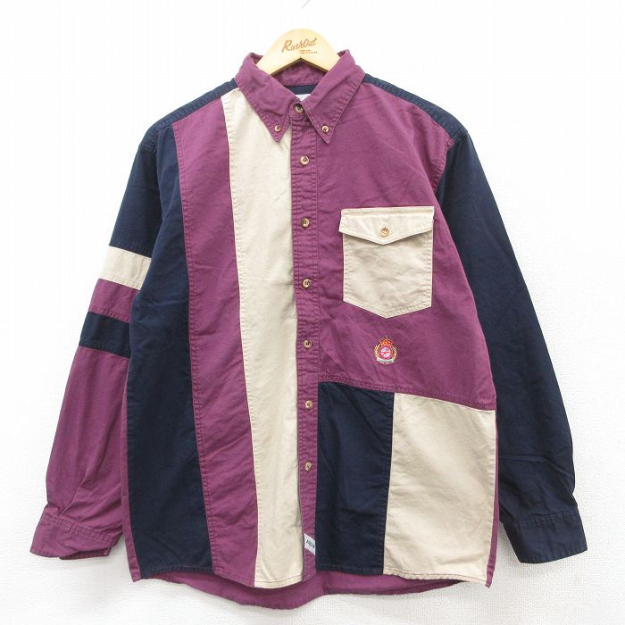 【20%OFF】L★古着 長袖 シャツ メンズ マルチカラー コットン ボタンダウン 紫他 パープル 25mar17 中古 トップス