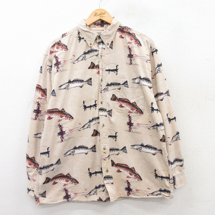 XL★古着 長袖 シャツ メンズ 00年代 00s 魚 コットン ボタンダウン ベージュ他 カーキ 【spe】 25mar17 中古 トップス