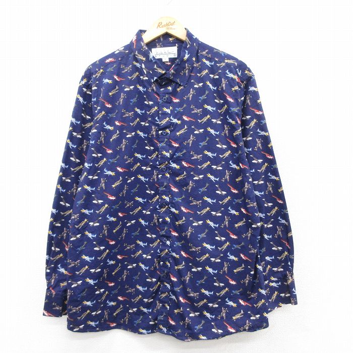 L★古着 長袖 シャツ メンズ 飛行機 コットン 青 ブルー 25mar17 中古 トップス