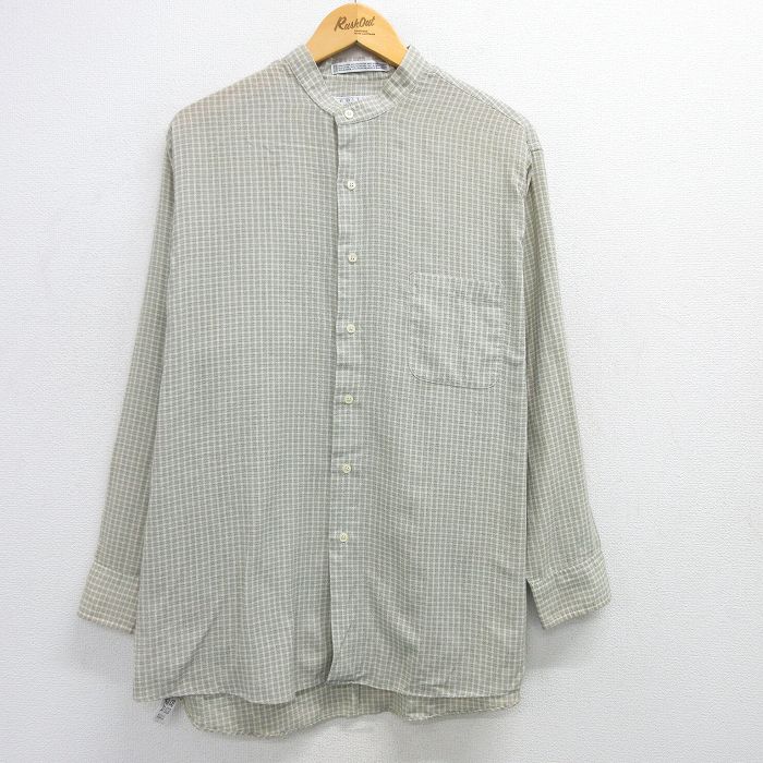 L★古着 バンヒューセン 長袖 シャツ メンズ 90年代 90s ノーカラー ベージュ他 カーキ チェック 【spe】 25mar17 中古 トップス