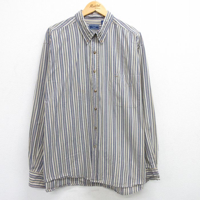 XL★古着 長袖 シャツ メンズ 大きいサイズ コットン ボタンダウン ベージュ他 カーキ ストライプ 25mar17 中古 トップス