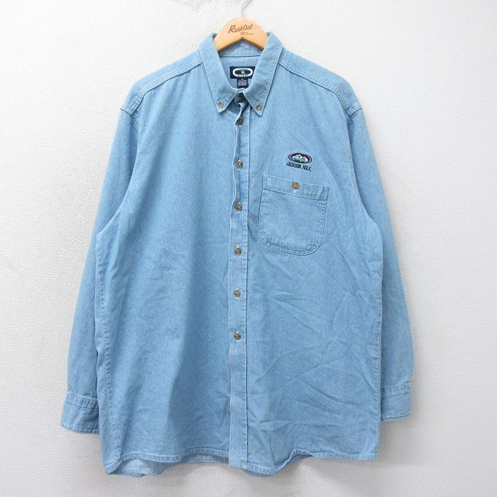 XL★古着 長袖 シャツ メンズ 00年代 00s JACKSON HOLE 大きいサイズ ロング丈 コットン ボタンダウン 紺 ネイビー デニム 25mar18 中古 トップス