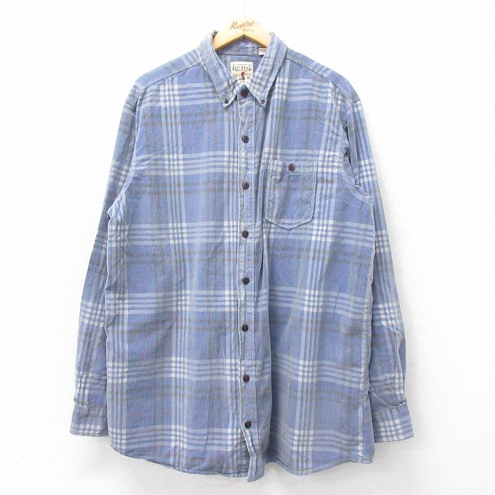 XL★古着 レッドヘッド 長袖 シャツ メンズ コーデュロイ 大きいサイズ ロング丈 コットン ボタンダウン 紺他 ネイビー チェック 25mar18 中古 トップス