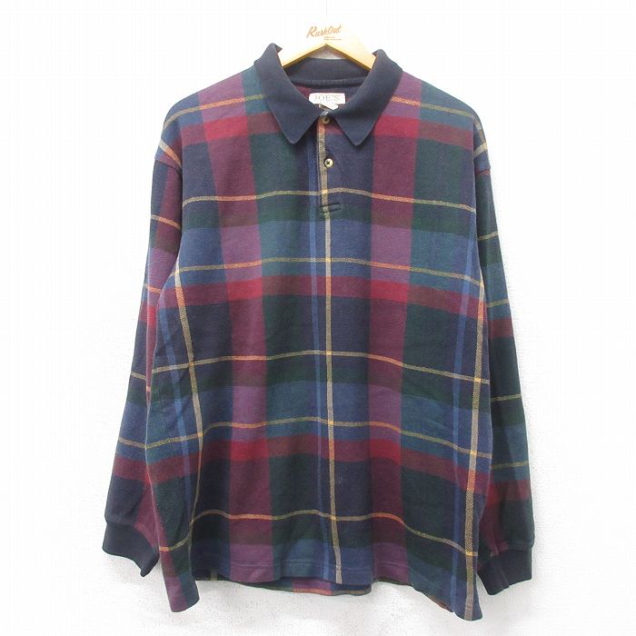 XL★古着 長袖 ポロ シャツ メンズ 00年代 00s コットン 緑他 グリーン チェック 25mar18 中古 トップス