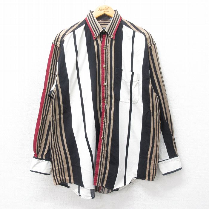 XL★古着 長袖 シャツ メンズ 90年代 90s ボタンダウン 黒他 ブラック ストライプ 25mar18 中古 トップス
