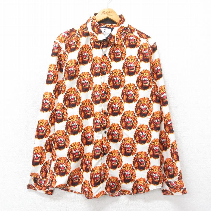L★古着 長袖 シャツ メンズ ライオン 総柄 白他 ホワイト 25mar18 中古 トップス