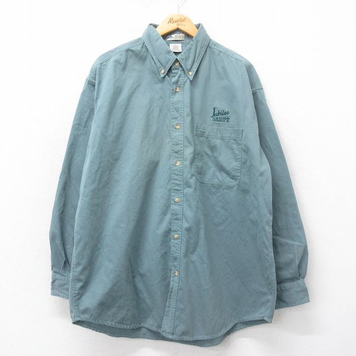 XL★古着 長袖 シャツ メンズ Jubilee カジノ 大きいサイズ ロング丈 コットン ボタンダウン 緑系 グリーン 25mar18 中古 トップス