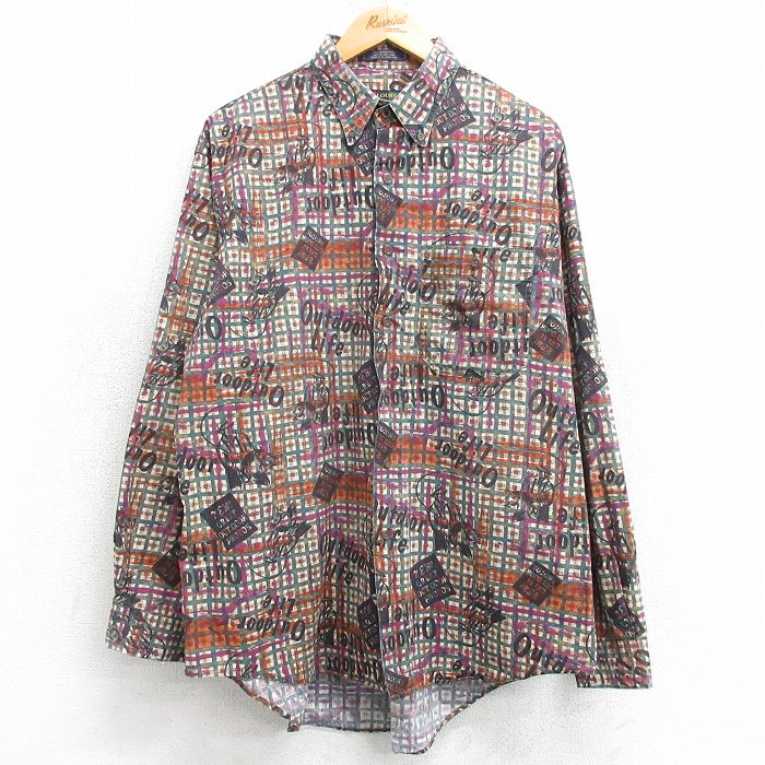 XL★古着 長袖 シャツ メンズ 00年代 00s 馬 コットン ボタンダウン ベージュ系他 カーキ チェック 25mar22 中古 トップス