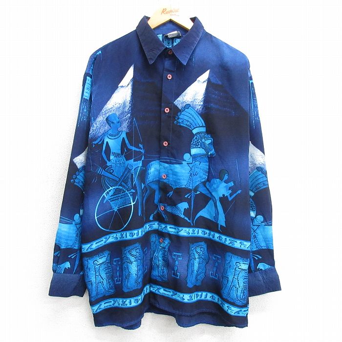 XL★古着 長袖 シャツ メンズ エジプト 壁画 紺系他 ネイビー 【spe】 25mar22 中古 トップス