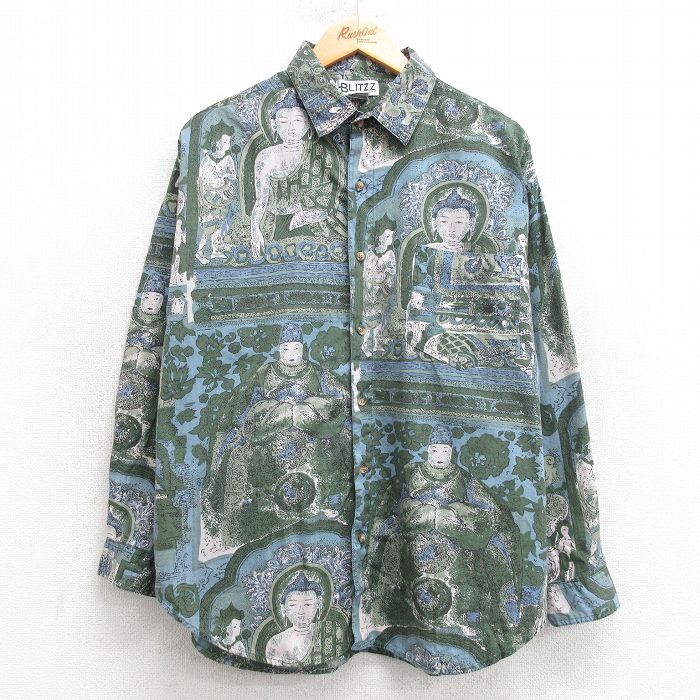 L★古着 長袖 シャツ メンズ 大仏 コットン 緑系他 グリーン 【spe】 25mar22 中古 トップス