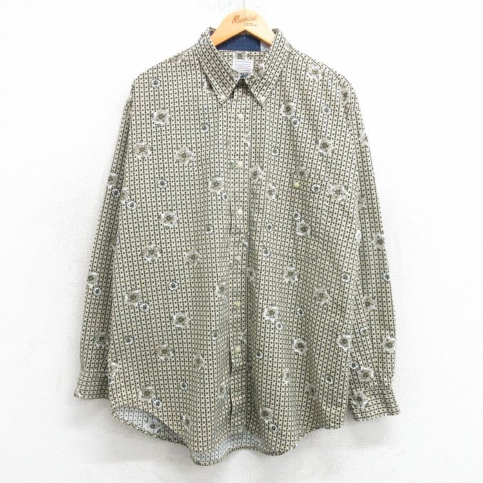 【20%OFF】L★古着 ビューグルボーイ 長袖 シャツ メンズ ロング丈 コットン ボタンダウン ベージュ系他 カーキ 25mar22 中古 トップス